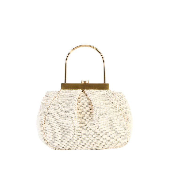 Elegant cream-colored woven handbag with gold handle and clasp