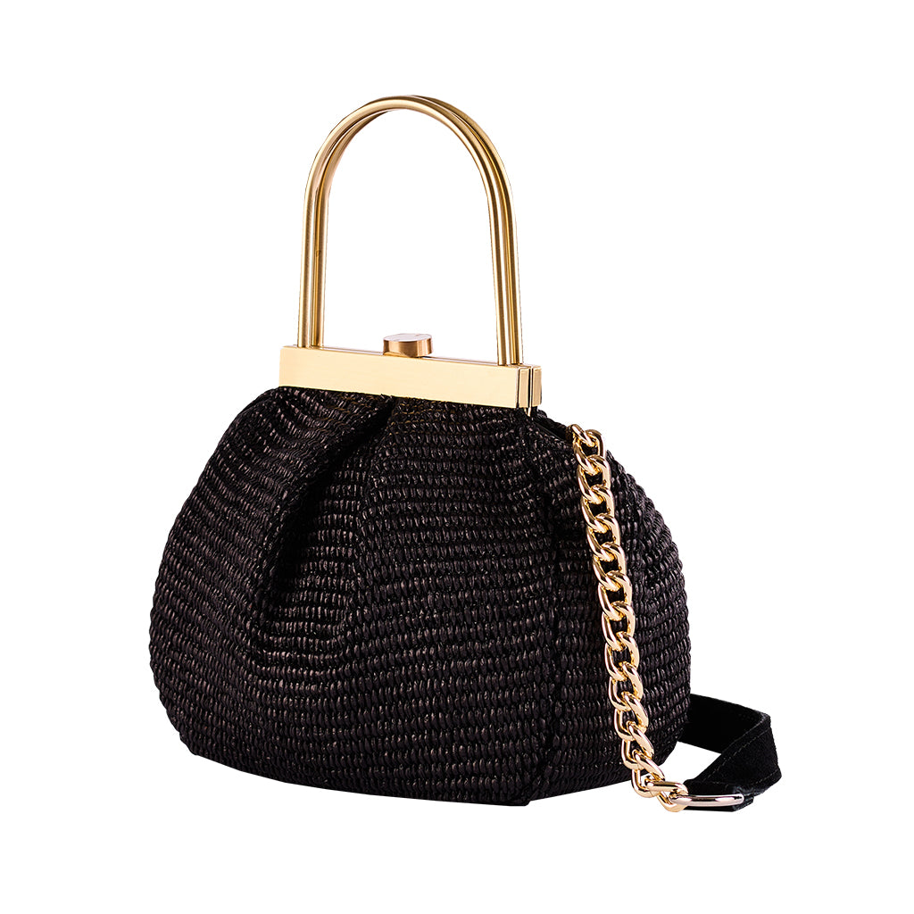 Elegant black woven handbag with gold hardware and chain strap on white background