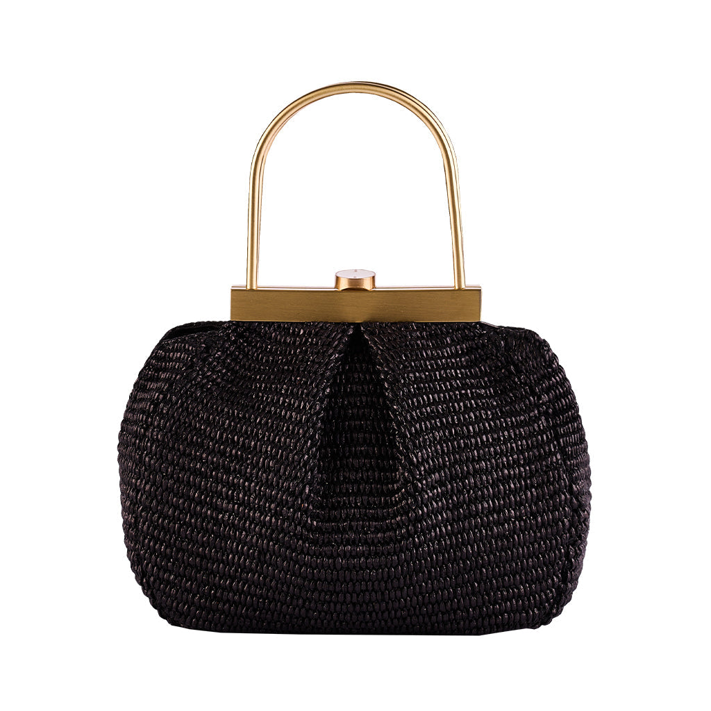 Black woven handbag with gold handle and clasp