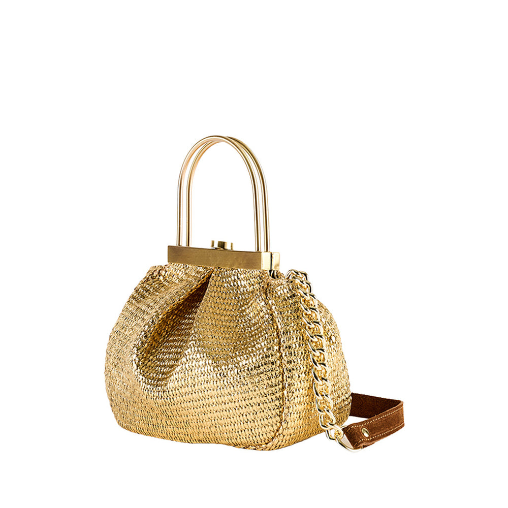 Gold woven handbag with metal handles and chain strap