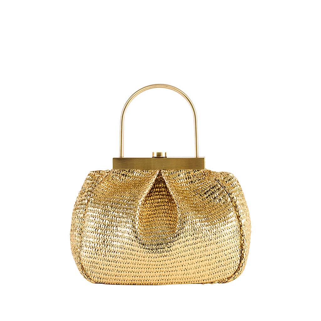 Gold woven handbag with metal clasp and handle