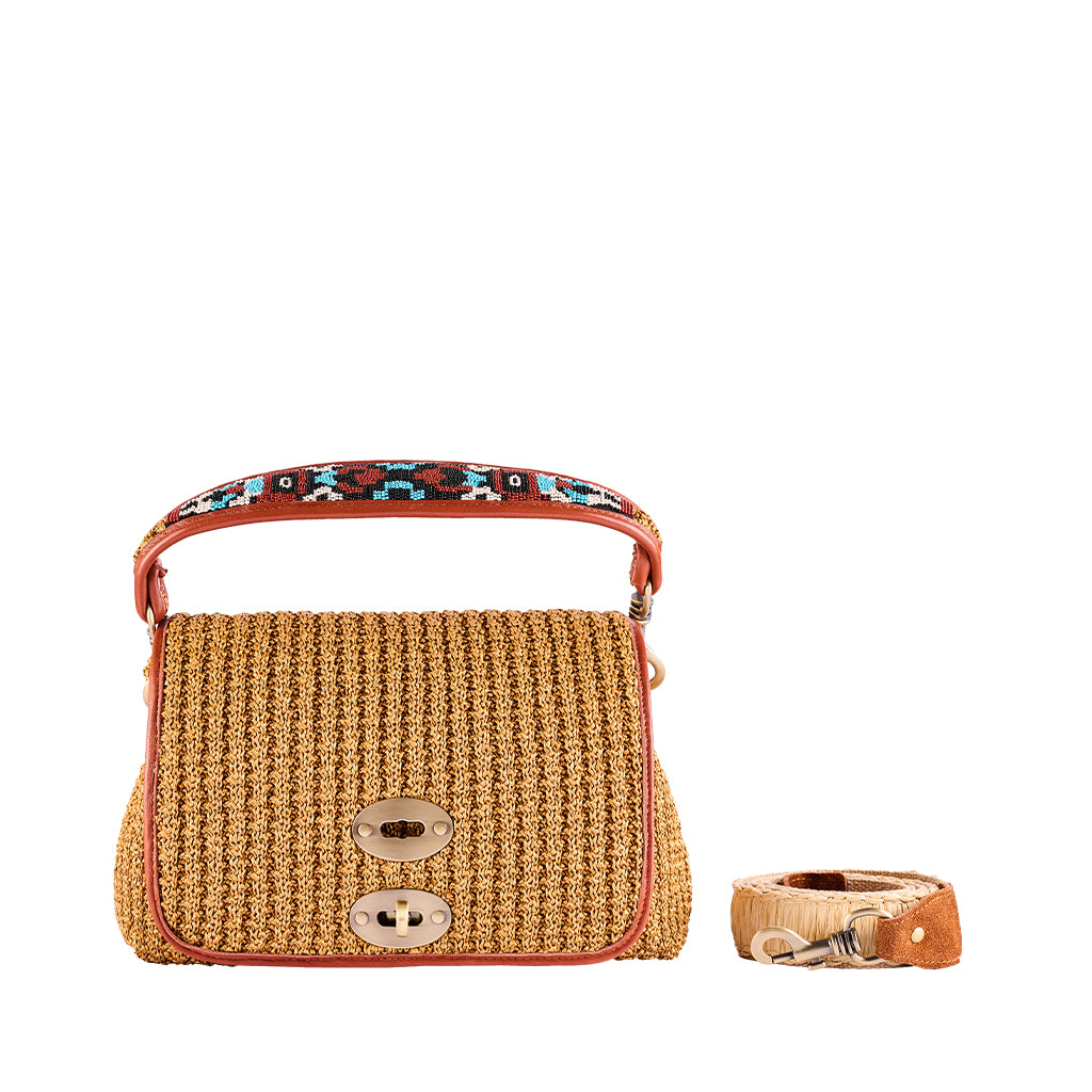 Handwoven beige handbag with colorful strap and detachable belt