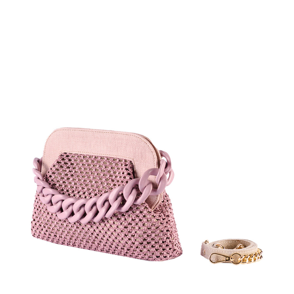 Pink woven handbag with large chain detail and matching gold chain accessory