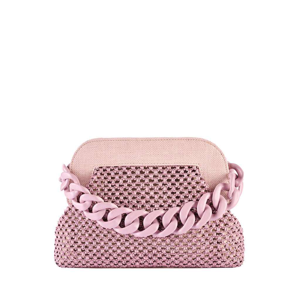 Pink woven handbag with a chunky chain strap