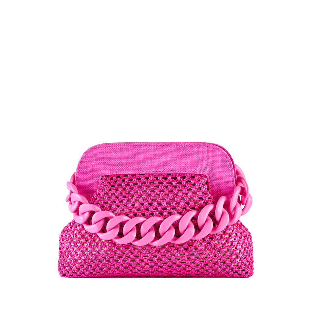 Hot pink woven handbag with chunky chain strap and textured design