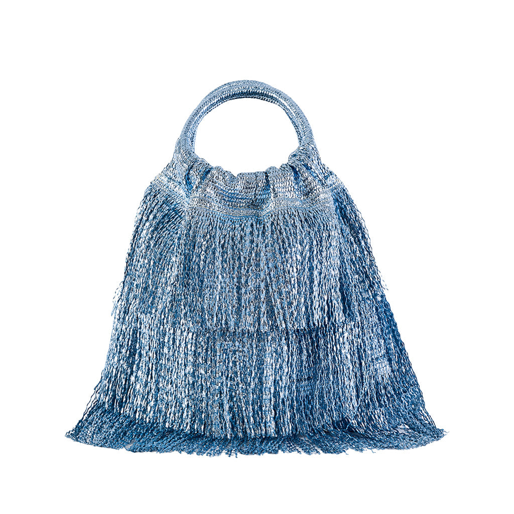 Blue fringe handbag with rounded handles