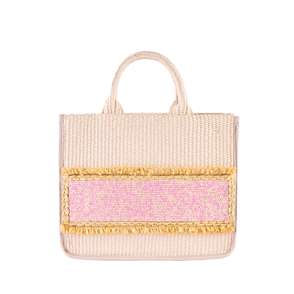 Stylish woven handbag with pink and yellow accents