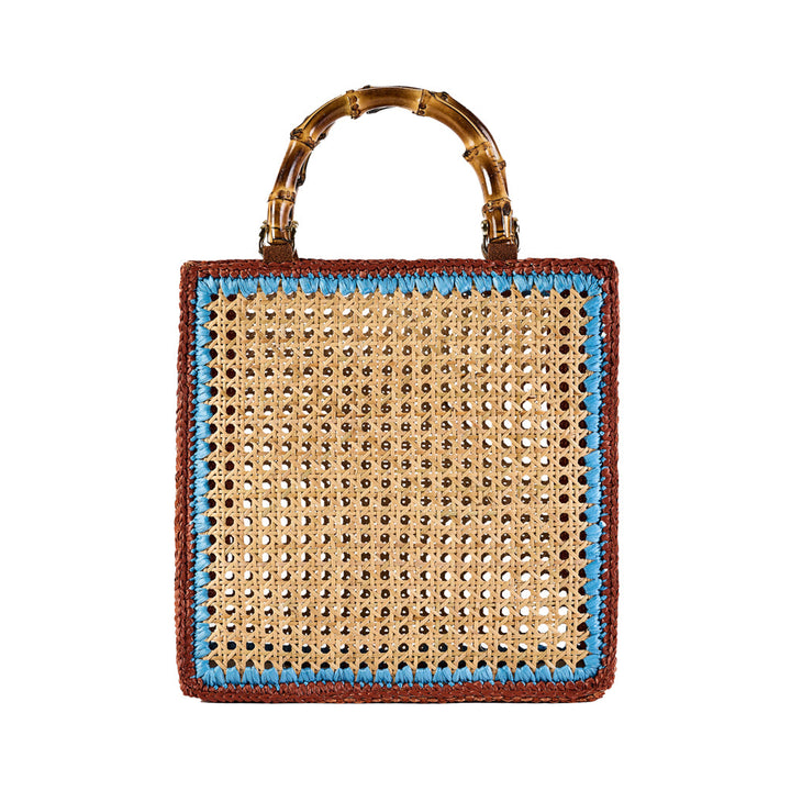 Handwoven wicker handbag with bamboo handle and blue trim