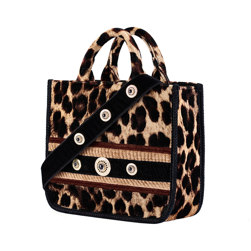 Leopard print handbag with studded strap and handles