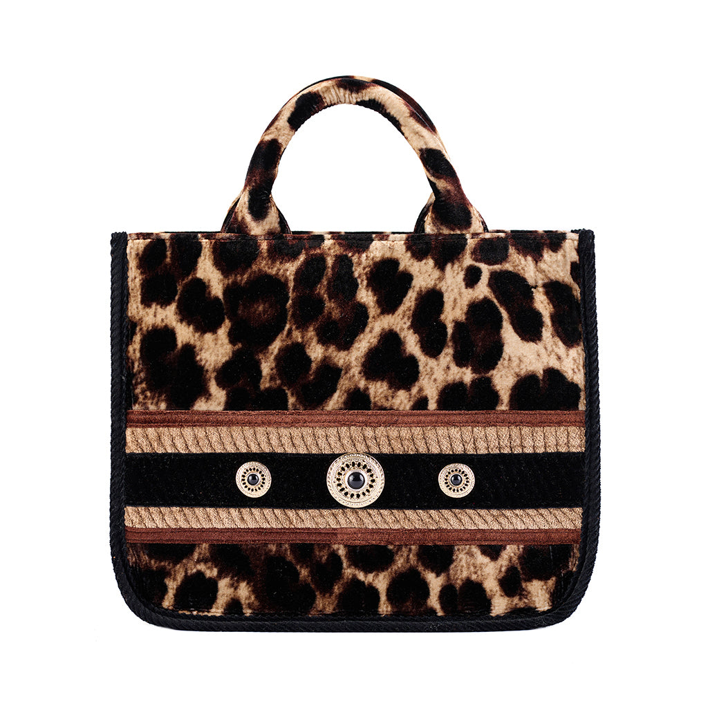 Leopard print handbag with decorative buttons and short handles