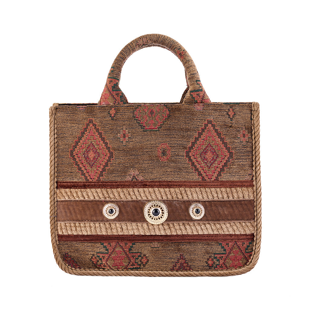 Handcrafted ethnic tote bag with geometric patterns and decorative buttons