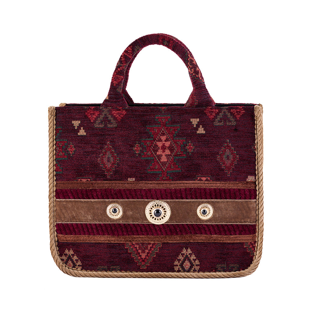 Red and brown patterned tote bag with rope details