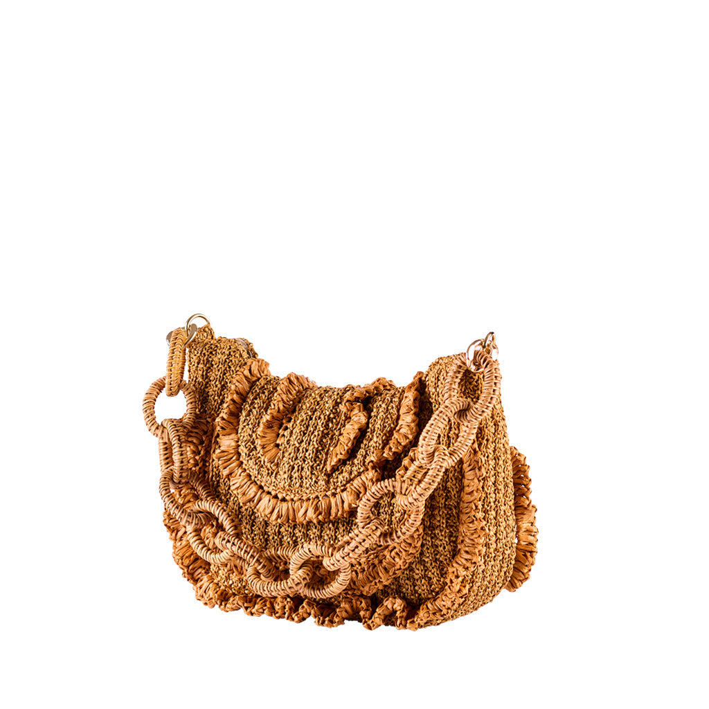 Handcrafted woven straw handbag with intricate braided details and large chain strap