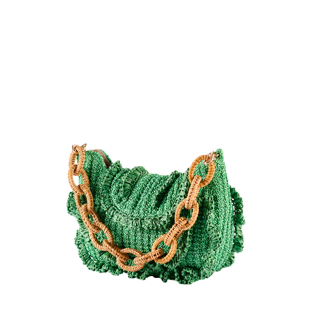 Green woven handbag with large gold chain strap and ruffled design