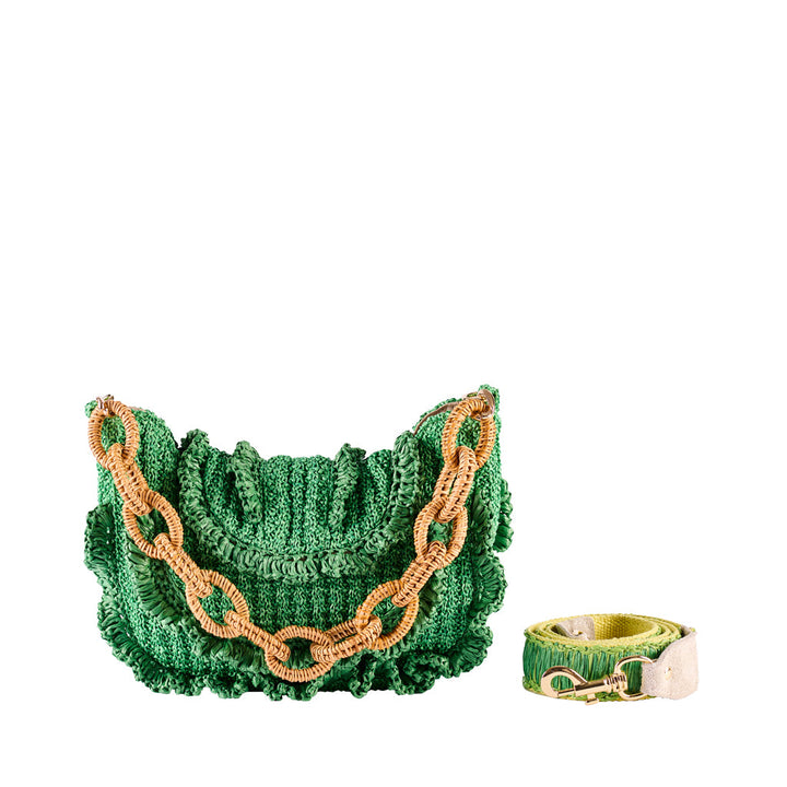 Green knitted handbag with large tan chain strap and matching green belt