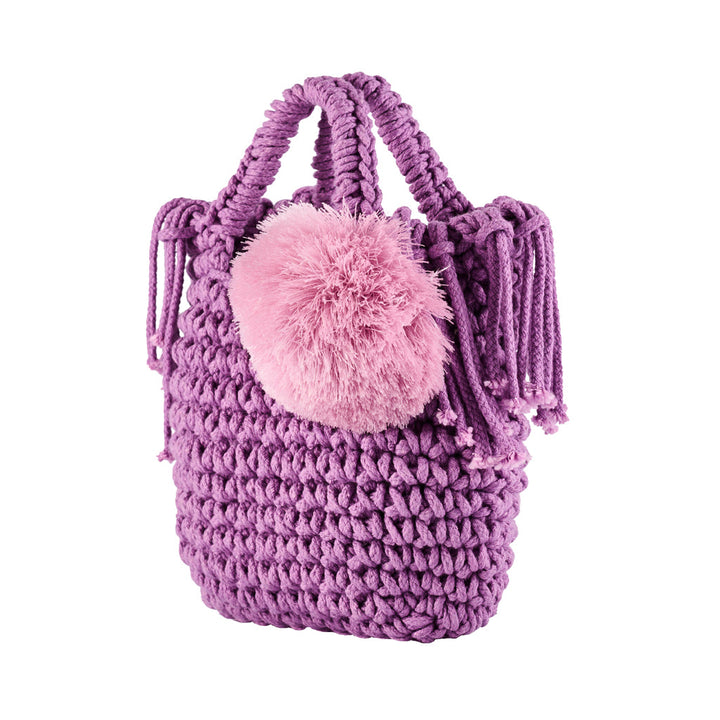 Purple knitted bag with pink fluffy pom-pom accessory