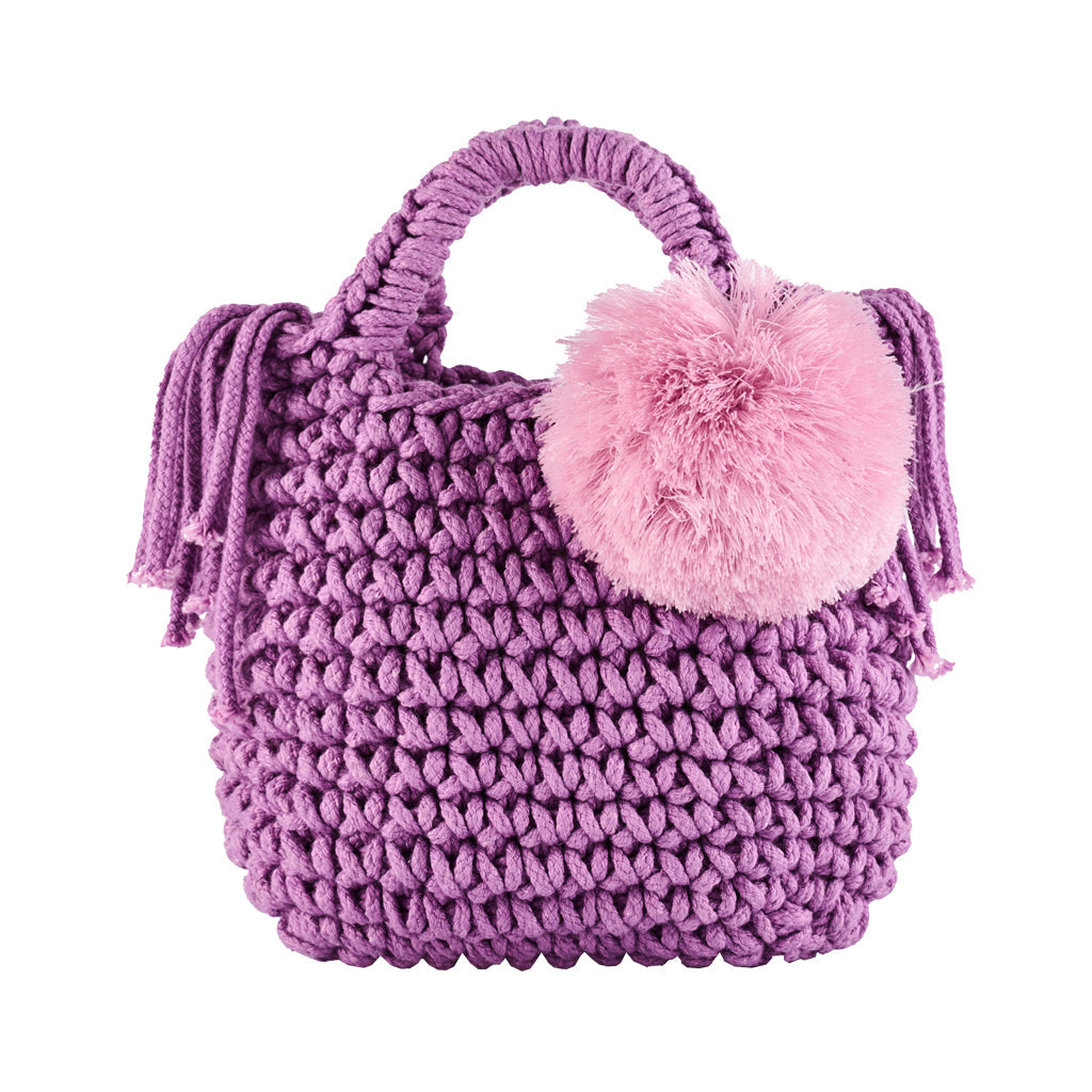 Handmade purple crochet tote bag with pink pom-pom accessory