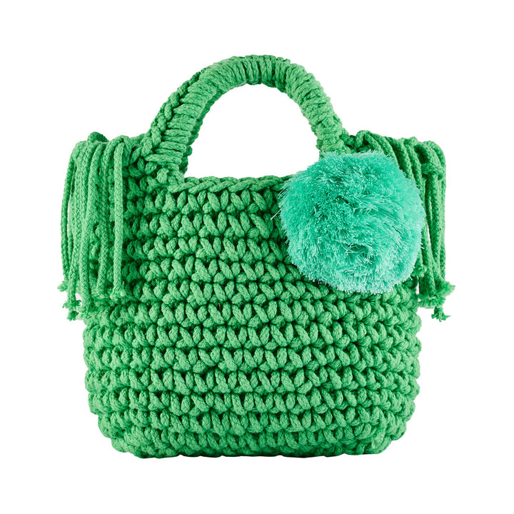 Green crochet handbag with pompom decor