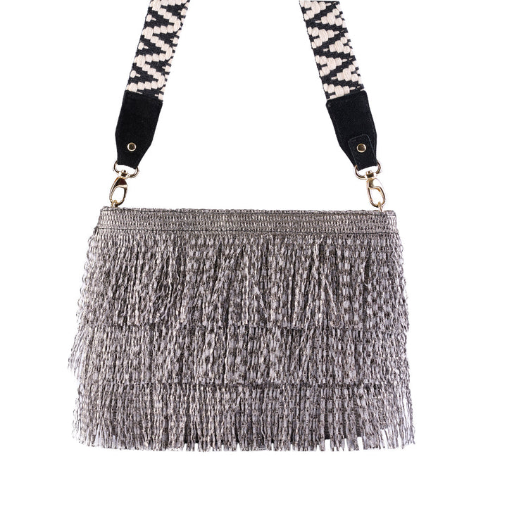 Handmade gray fringe handbag with patterned strap