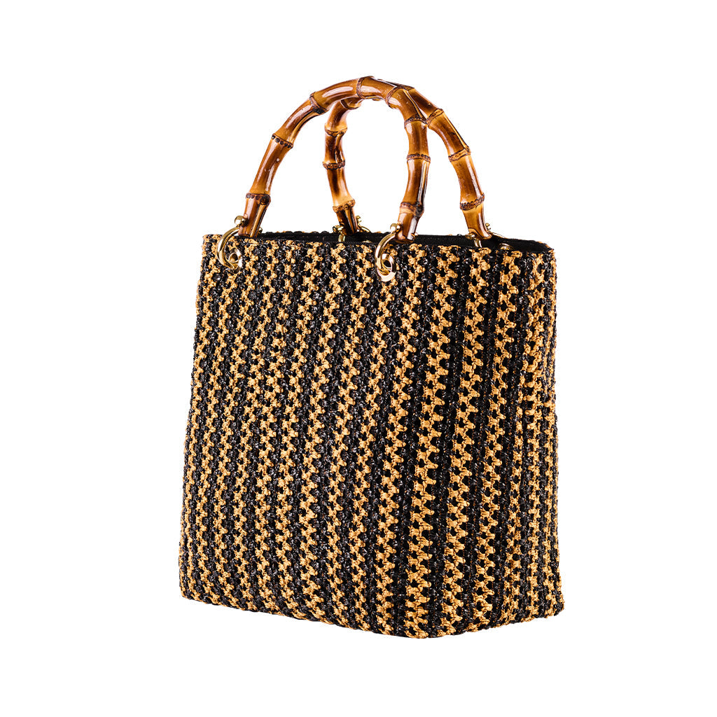 Woven handbag with bamboo handles