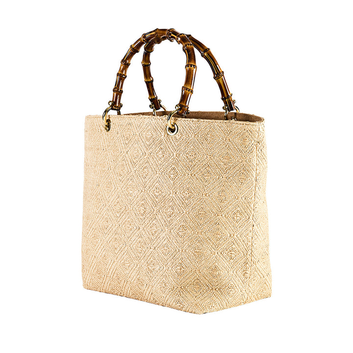 Woven beige handbag with bamboo handles