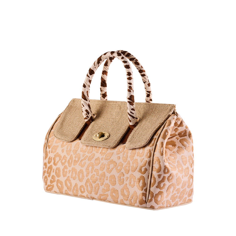 Beige leopard print handbag with gold clasp and patterned handles