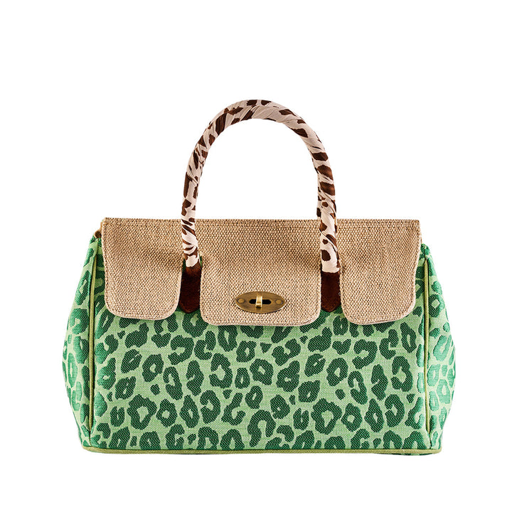 Green leopard print handbag with burlap accents and animal print handles