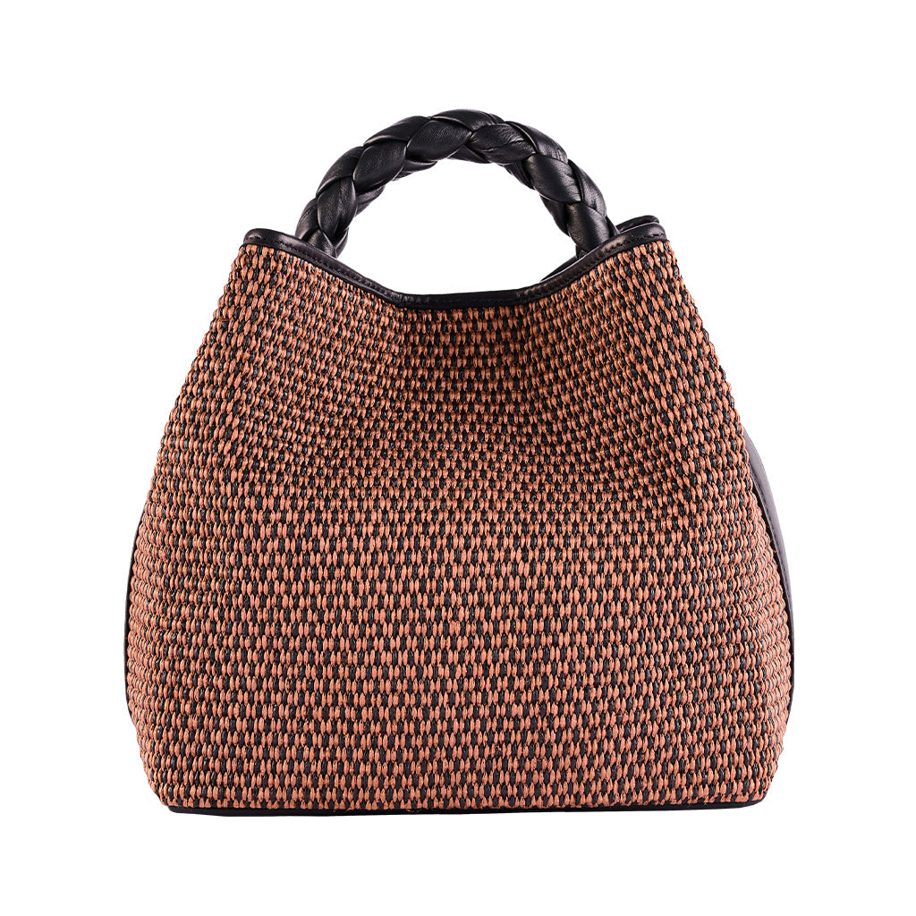 Woven brown and black handbag with braided leather handle