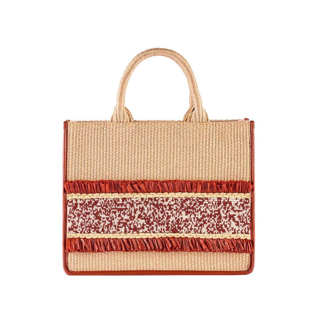 Woven beige and brown handbag with intricate patterned design and shoulder straps