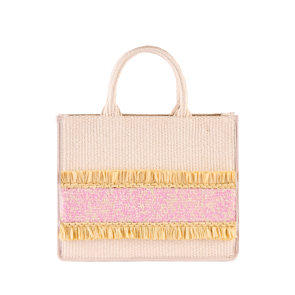 Beige straw handbag with pink and yellow accents