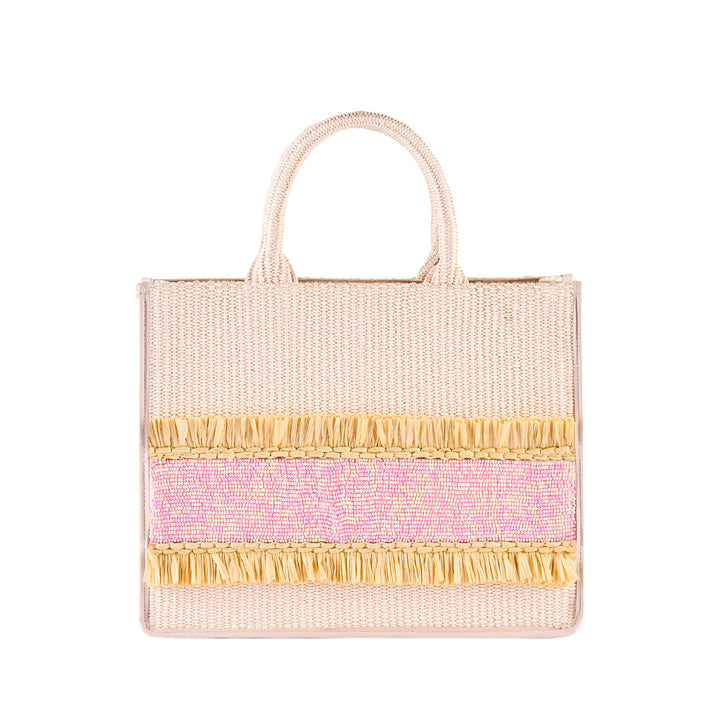 Beige straw handbag with pink and yellow accents