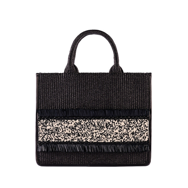 Black woven tote bag with fringe accents and a white patterned stripe