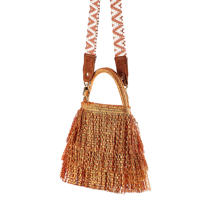 Boho chic orange beaded fringe handbag with woven strap