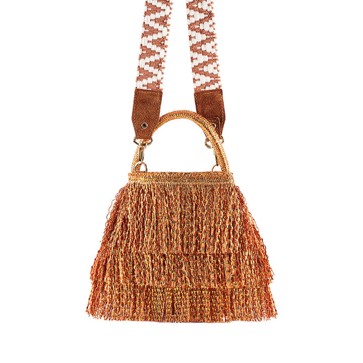 Boho fringed handbag with woven strap in orange and brown