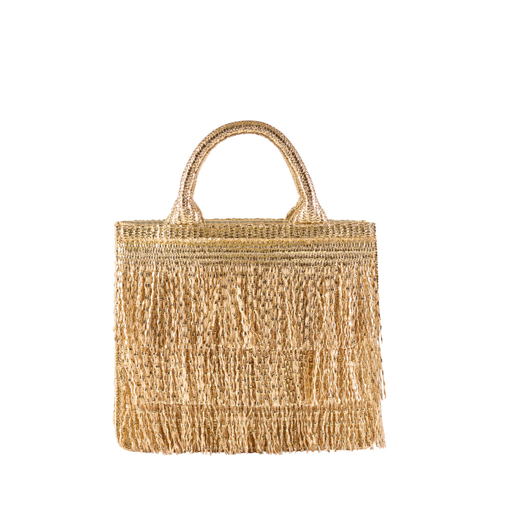 Handwoven straw tote bag with fringe details and double handles