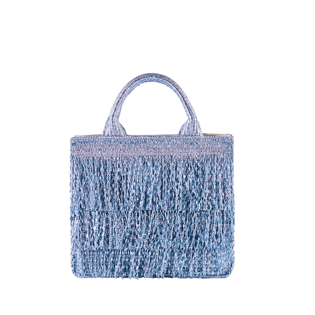 Handmade blue woven handbag with fringe detailing and short handles