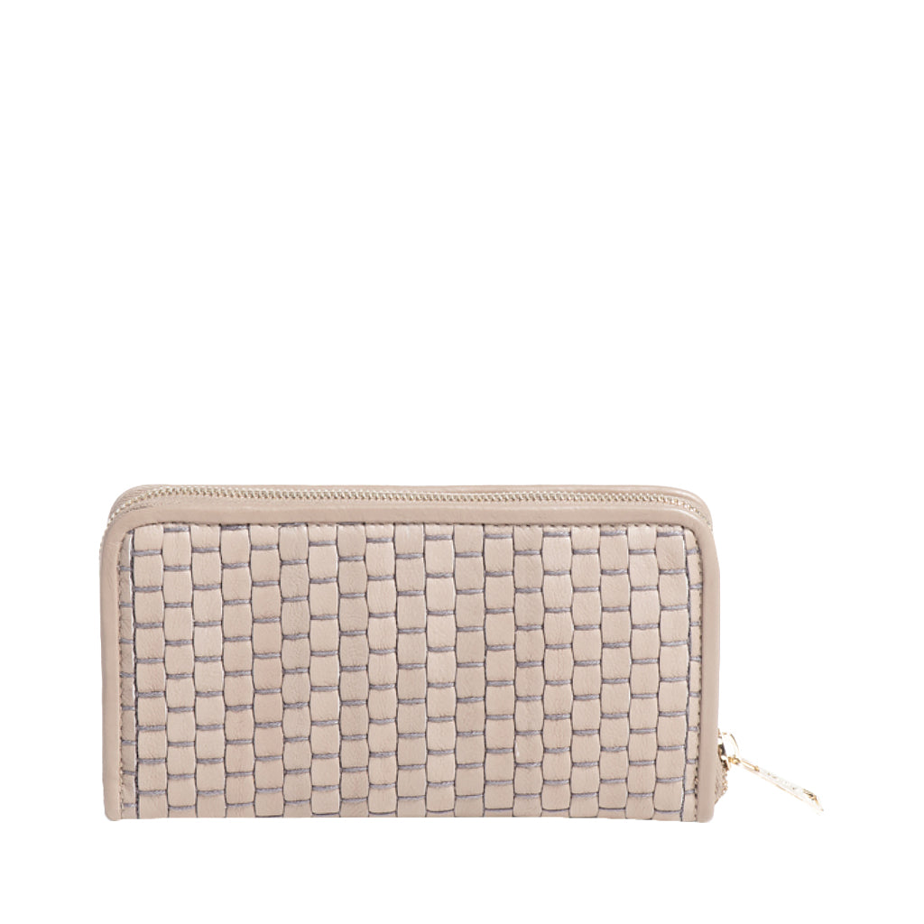 Beige woven leather wallet with zipper closure