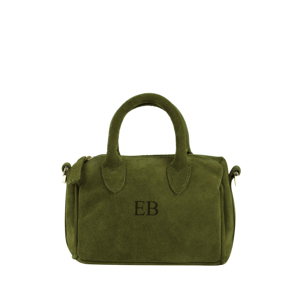 Olive green suede handbag with EB initials and top handles