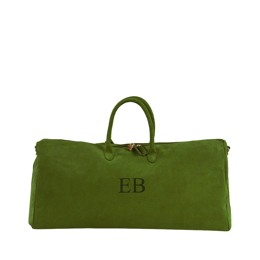 Green suede duffel bag with monogram EB and top handles
