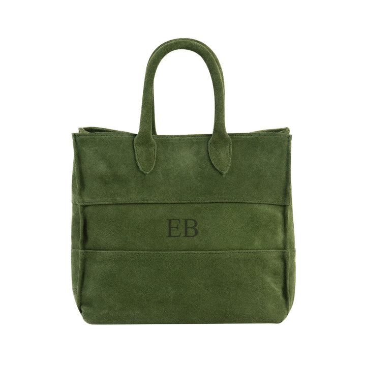 Green suede tote bag with embossed initials EB on the front