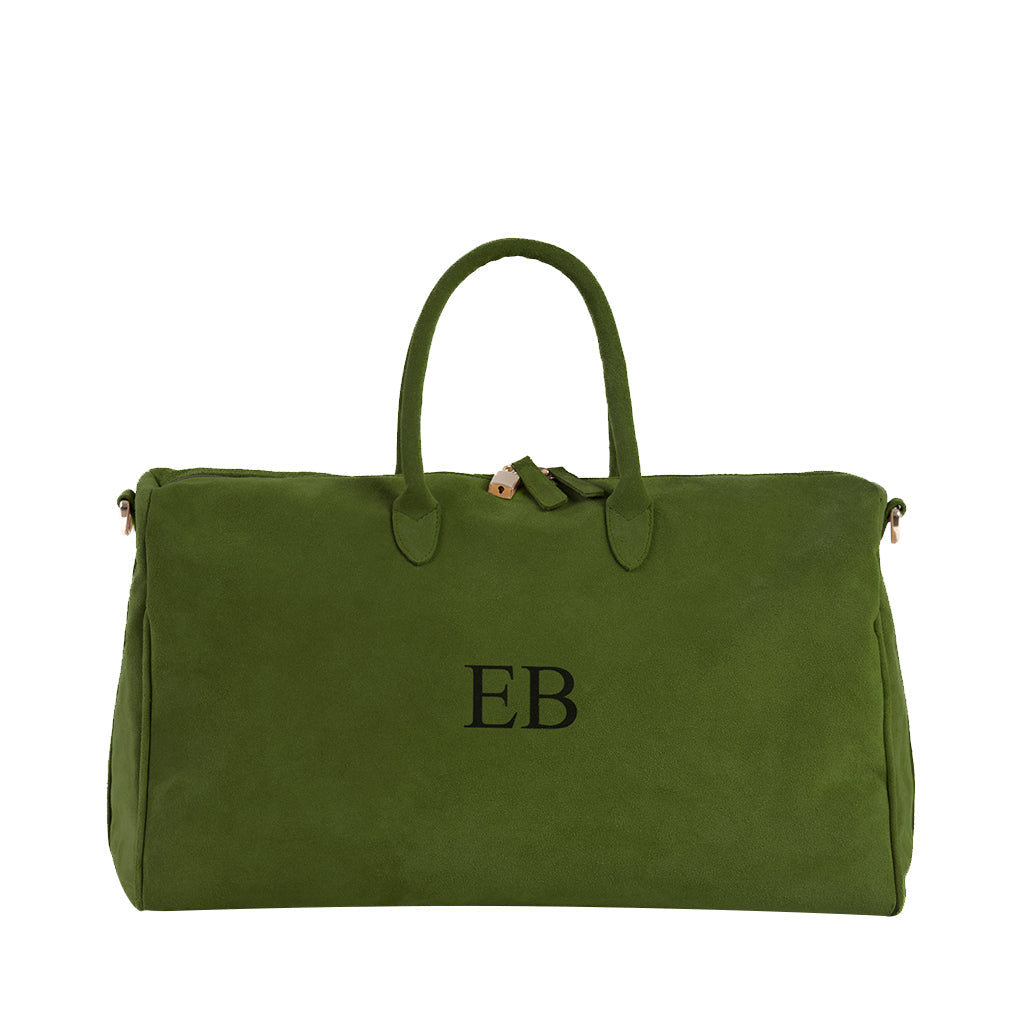 Green suede monogrammed tote bag with EB initials