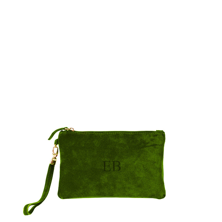 Green suede wristlet pouch with EB monogram and zip closure