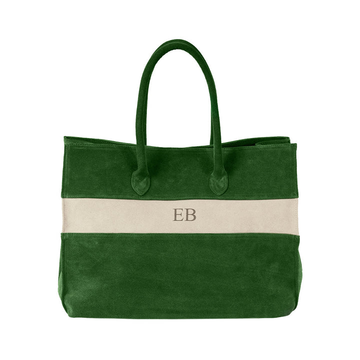 Green suede tote bag with beige stripe and embroidered initials 'EB'