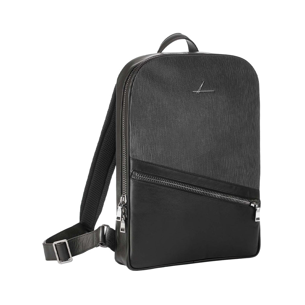 Black leather backpack with front zipper compartment and sleek design