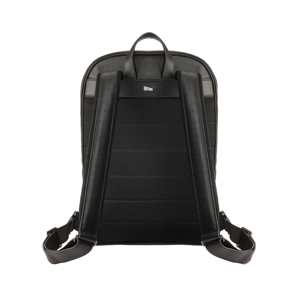 Black leather backpack with padded straps and a top handle