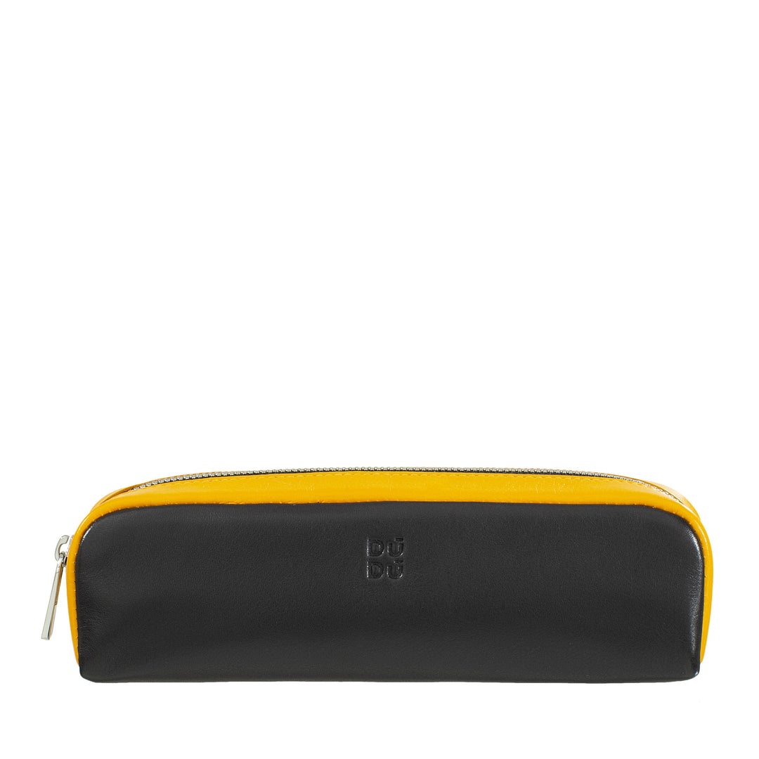 Black and yellow leather pencil case with zipper closure