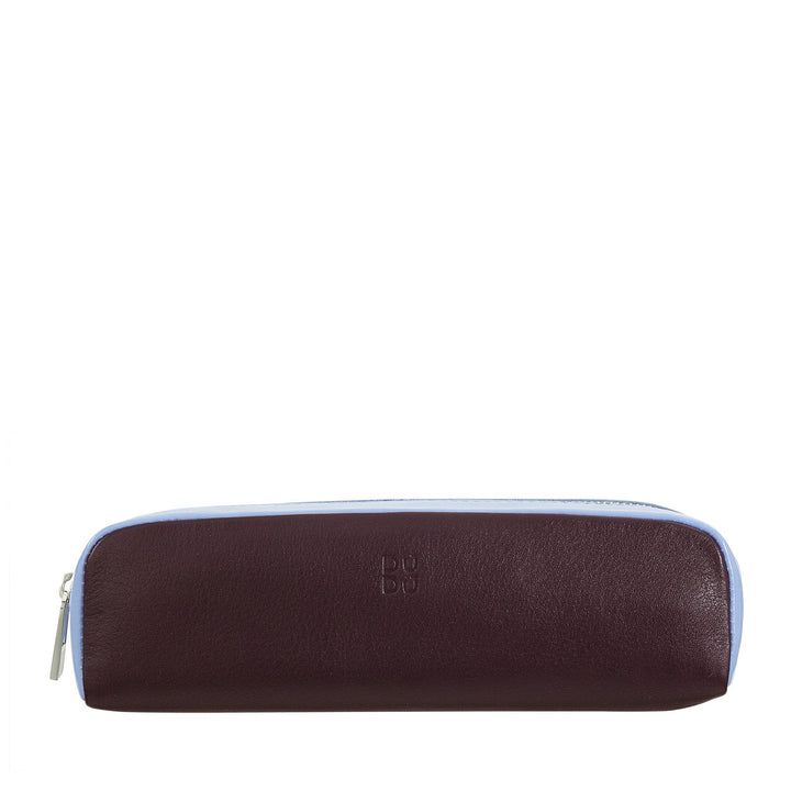 Brown leather pencil case with light blue zipper