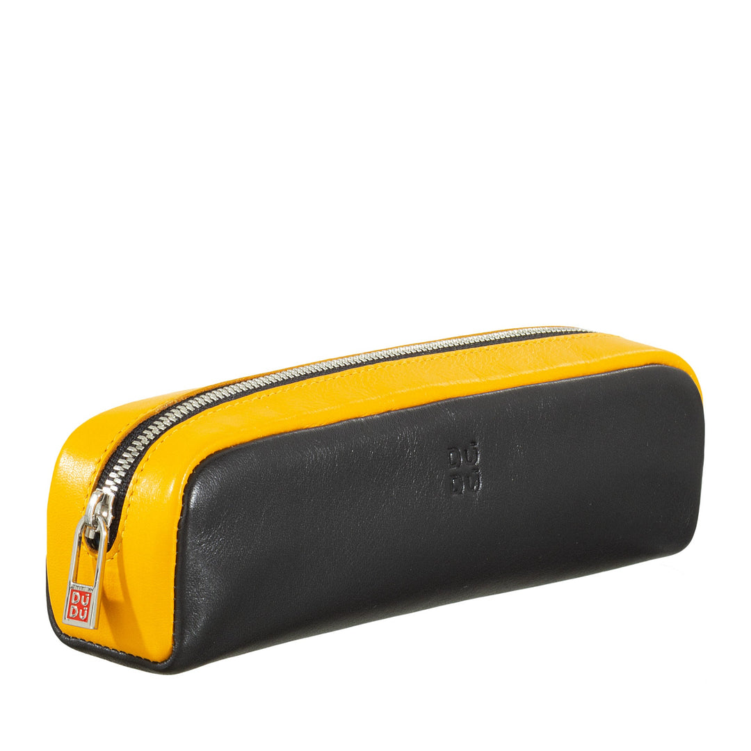 Yellow and black leather pencil case with zipper closure