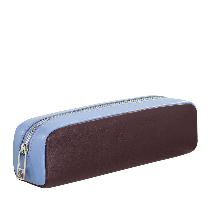 Brown and blue zippered leather pencil case