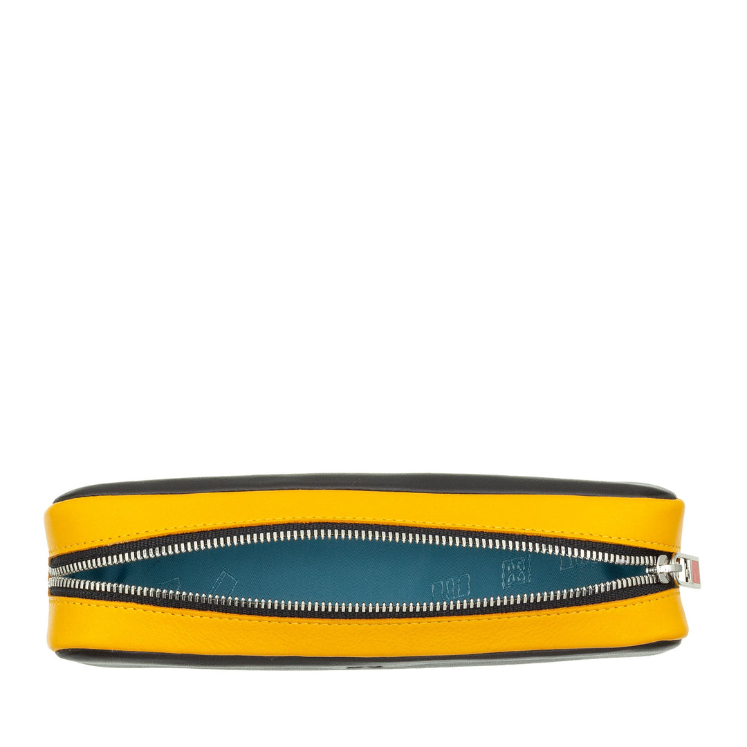 Yellow zippered pencil case with blue interior